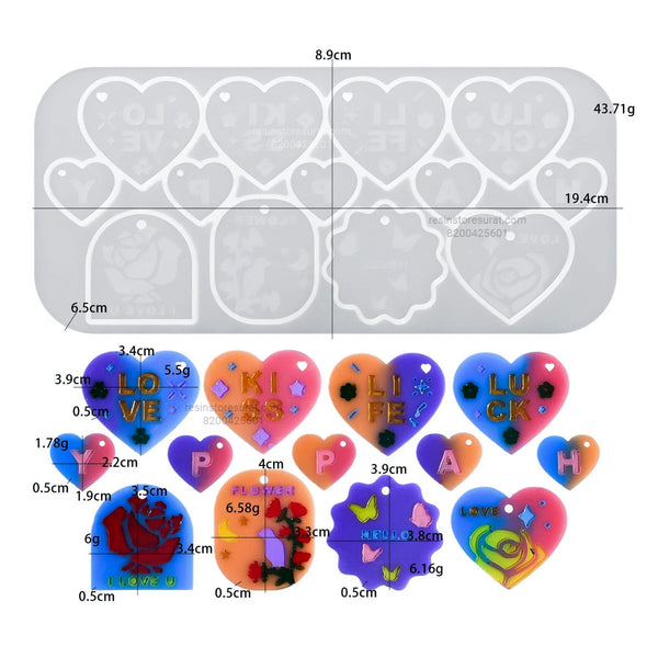 13 Cavity mix Heart Keychain & Pendant Mould