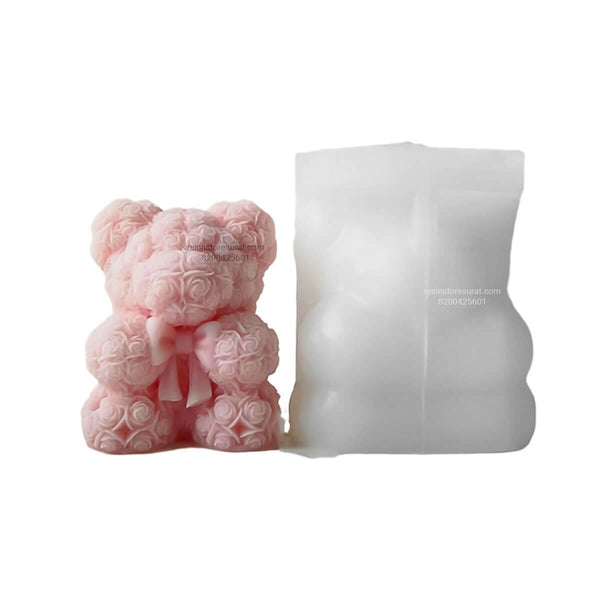 3D Rose Flower Teddy Bear With Bow Candle Mould Handmade - 96