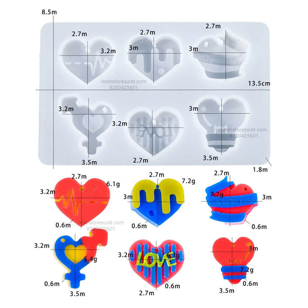 6 Cavity Heart-Shaped Keychain & Pendant Mould