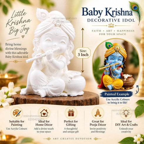 Baby Krishna Decorative Idol with Flute & Matki – White Paintable Idol for Acrylic Colour Art, Home Decor & Gifting