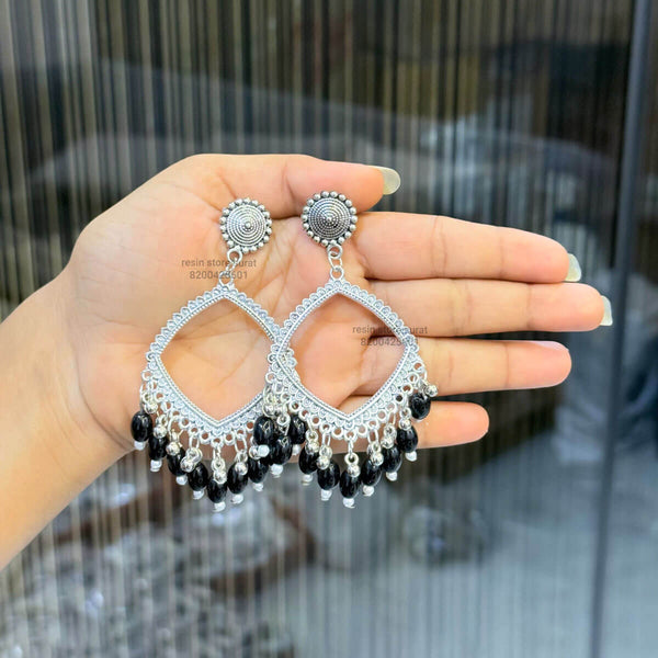 Silver Square Black Beads Resin Jhumka