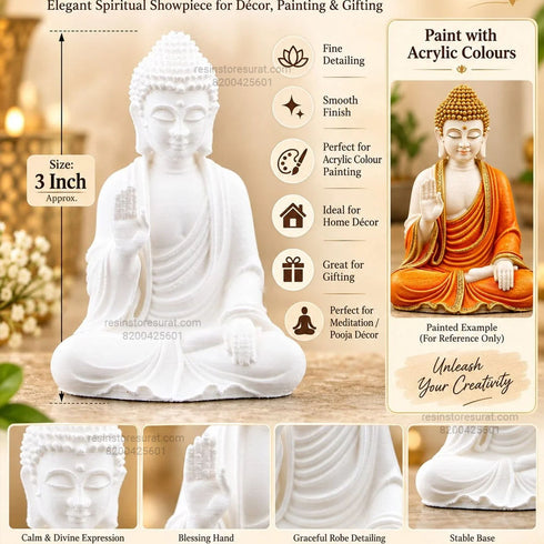 Buddha Decorative Idol – White Paintable Statue for Acrylic Colour Art, Home Decor & Gifting