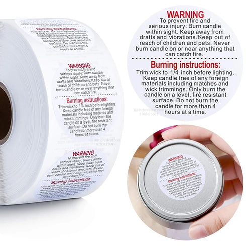 Candle Warning & Burning Instructions Sticker Roll – White