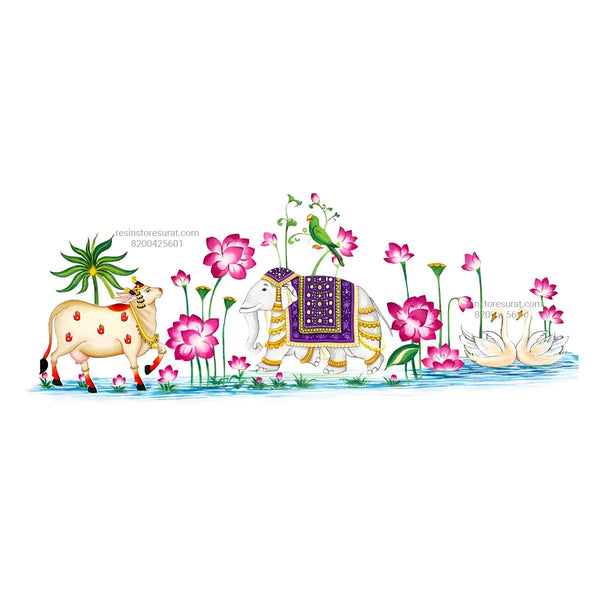 Cow, Elephant, Swan Pichwai Insert sheet For Pooja thali