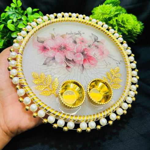 Readymade Designer Flower Resin Pooja Thali