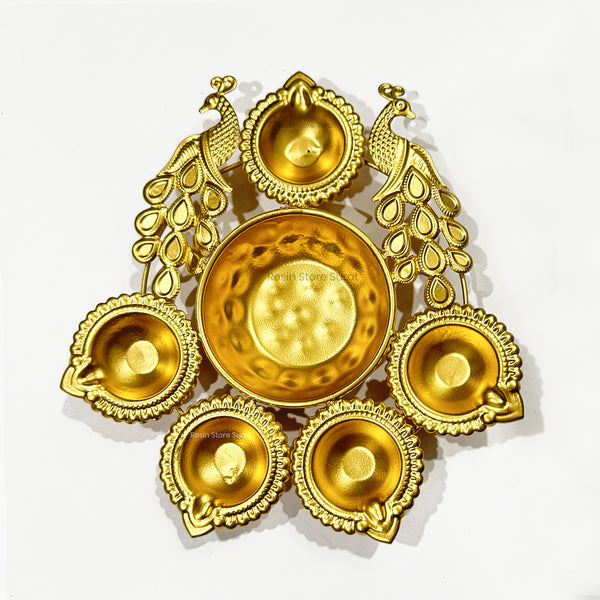 Metal Urli Traditional 5 Diya With Peacock & Flower Decorative Bowl Decorative