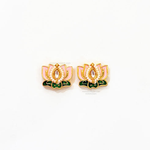 Light Pink Lotus Meenakari Green Leaf Gold Charm D22 - 2 Pcs