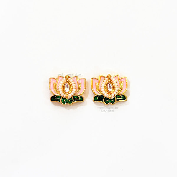 Light Pink Lotus Meenakari Green Leaf Gold Charm D22 - 2 Pcs