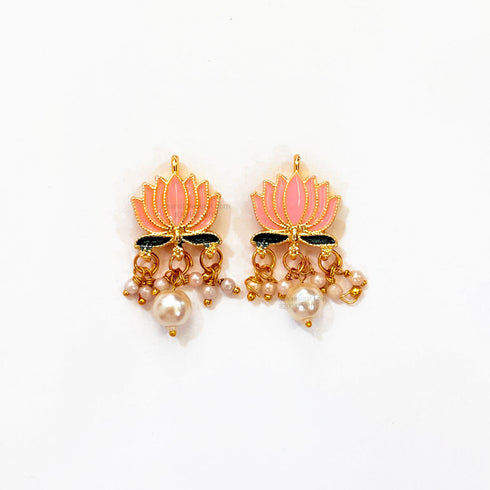 Light Pink Lotus Meenakari Pearl Beads Gold Charm D20 - 2 Pcs