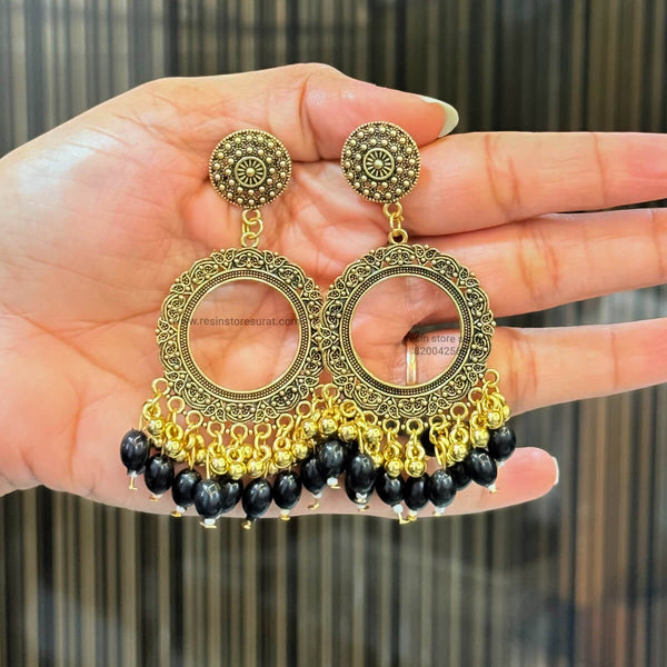 Black Oval Beads Golden Round Resin Jhumka