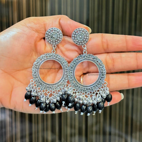 Black Oval Beads Silver Round Resin Jhumka