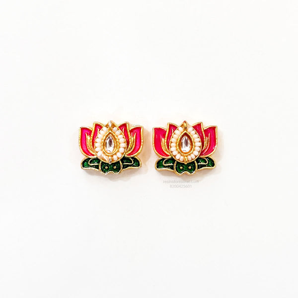 Pink Lotus Meenakari Green Leaf Gold Charm D25 - 2 Pcs