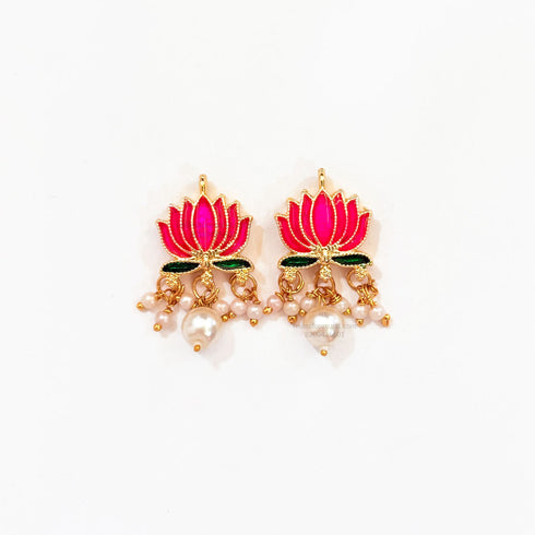 Pink Lotus Meenakari Pearl Beads Gold Charm D19 - 2 Pcs