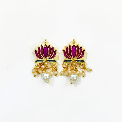 Purple Lotus Meenakari Pearl Beads Gold Charm D21 - 2 Pcs