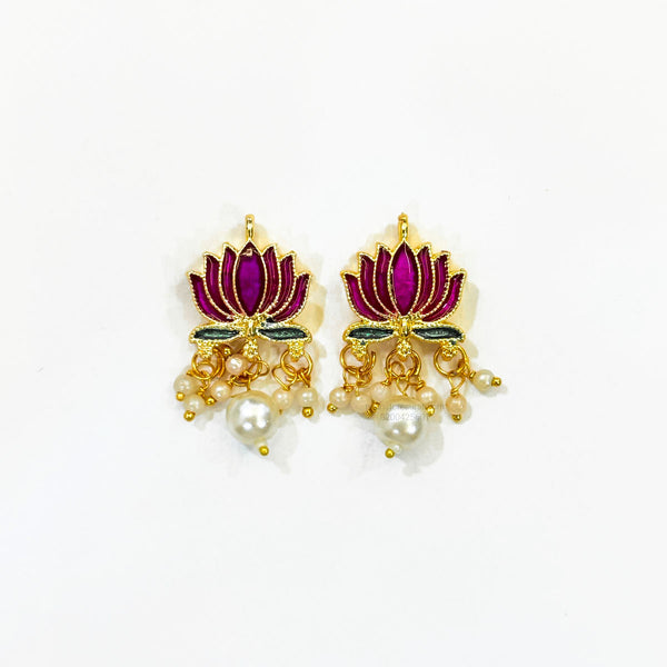 Purple Lotus Meenakari Pearl Beads Gold Charm D21 - 2 Pcs