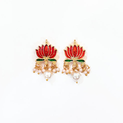 Red Lotus Meenakari Pearl Beads Gold Charm D18 - 2 Pcs
