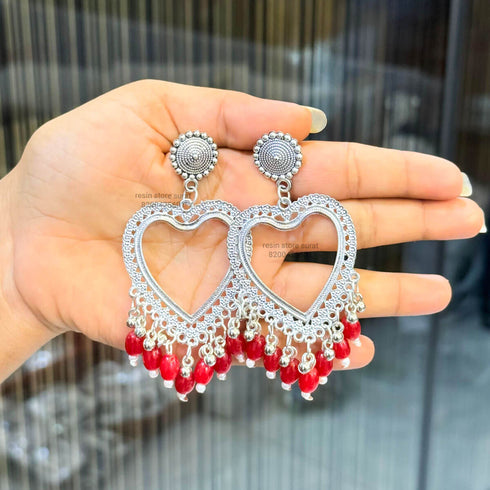 Silver Heart Red Beads Resin Jhumka