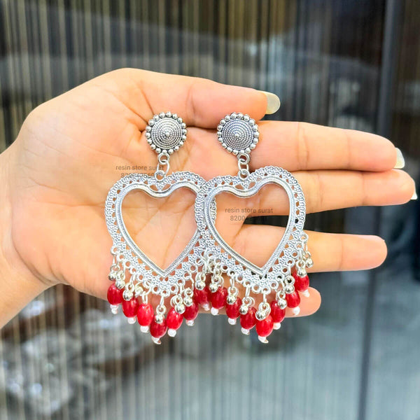 Silver Heart Red Beads Resin Jhumka