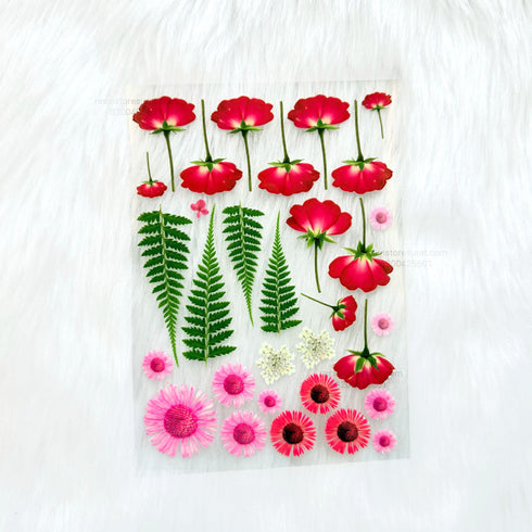 Pressed Rose, Leaf & Flower 3D UV Sticker Sheet - A6