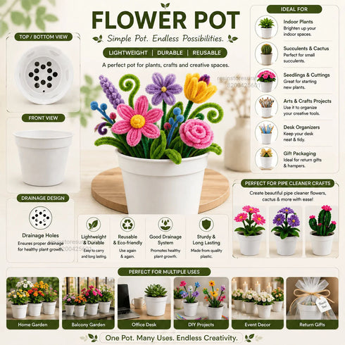 Round Plastic Flower Pot With Drainage Holes For Pipe Cleaner - 5 Pcs