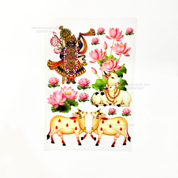Shrinathji Cow & Lotus 3D UV Sticker Sheet - A6