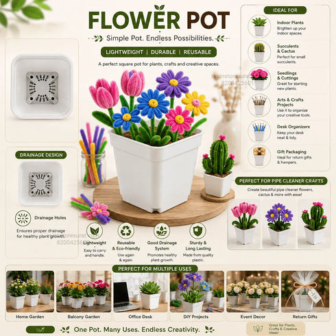 Square Plastic Flower Pot With Drainage Holes For Pipe Cleaner - 5 Pcs