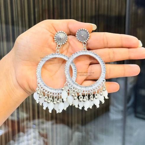 Silver Round White Beads Resin Jhumka