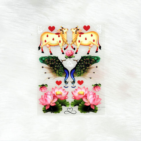 Cow Peacock and Lotus Flower 3D UV Sticker Sheet - A6