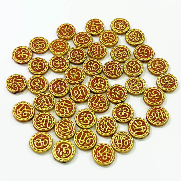 Designer Round Om Shree red Wood Rakhi Beads - C