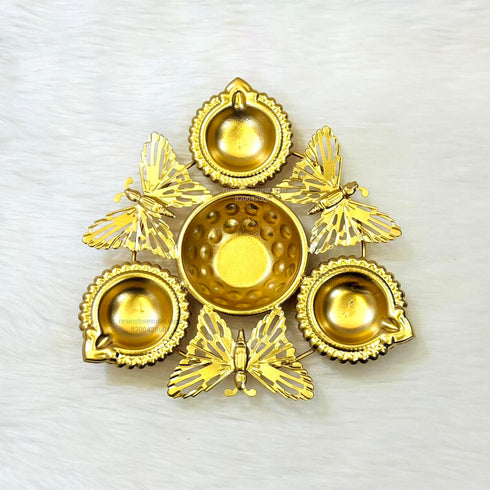 Metal Urli Traditional 3 Diya With Butterfly Bowl Decorative