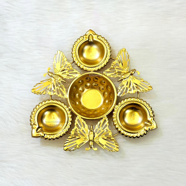 Metal Urli Traditional 3 Diya With Butterfly Bowl Decorative
