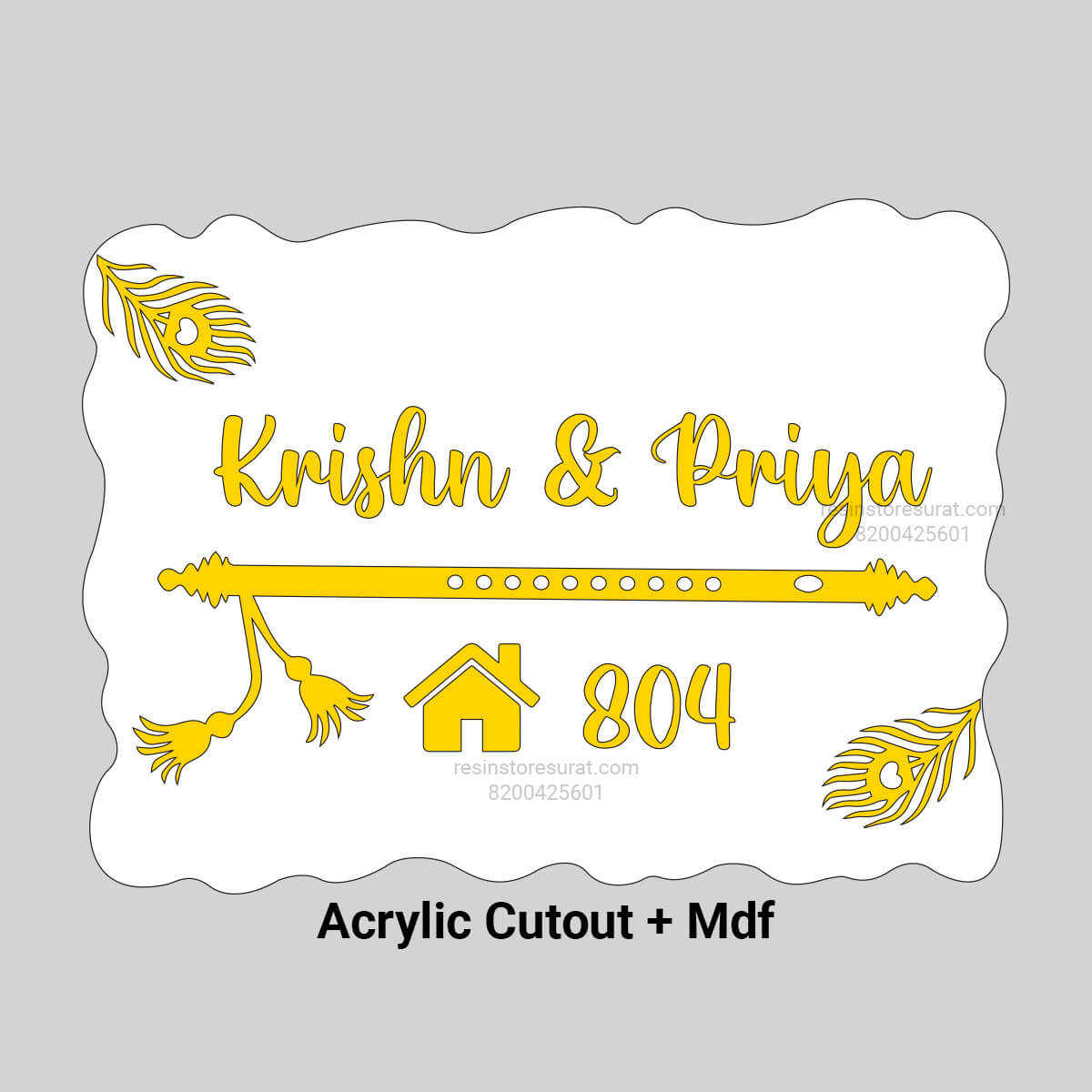 Acrylic Name Plate Customized With Bansuri And Feather – Resin Store Surat